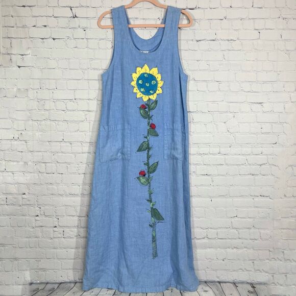 Mishi Maxi Linen Dress Women Small Chambray Hand Painted Artsy Pockets Boho - Picture 1 of 14